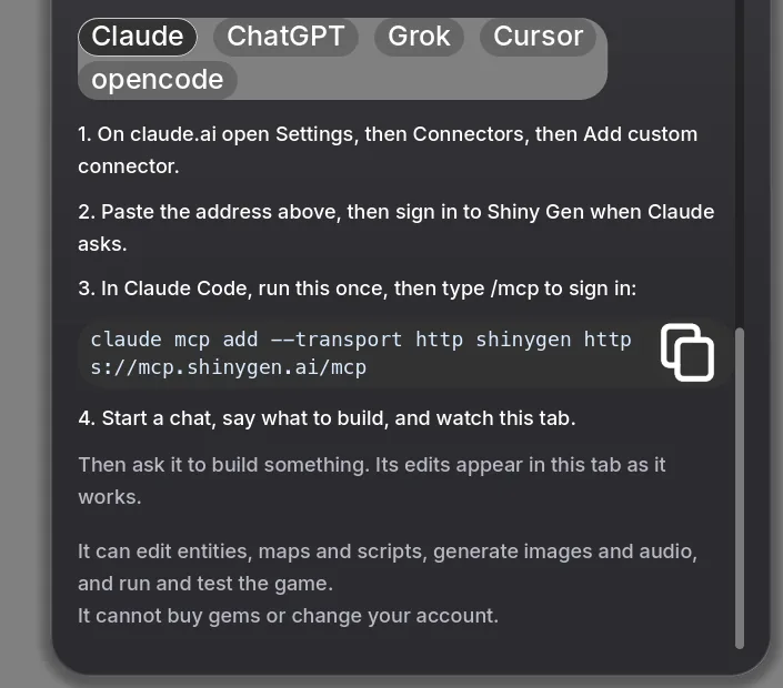 The client steps in the app: buttons for Claude, ChatGPT, Grok, Cursor and opencode, then four numbered steps for Claude, including the claude mcp add command for Claude Code.