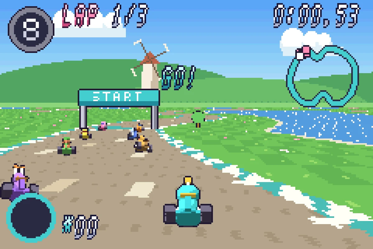 Shiny Kart Advance at the start line: eight karts on a pixel-art track that turns in perspective, a windmill behind the START banner, LAP 1/3, a timer and a track map.