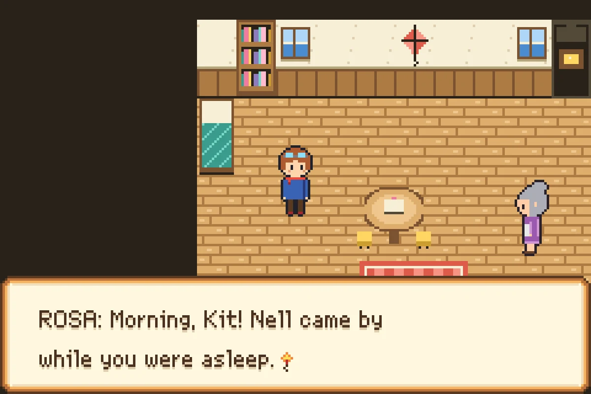 Shiny Monsters Advance playing in Chrome at shinygen.ai: a pixel-art bedroom with the player, a table and an older woman, and a text box reading ROSA: Morning, Kit! Nell came by while you were asleep.