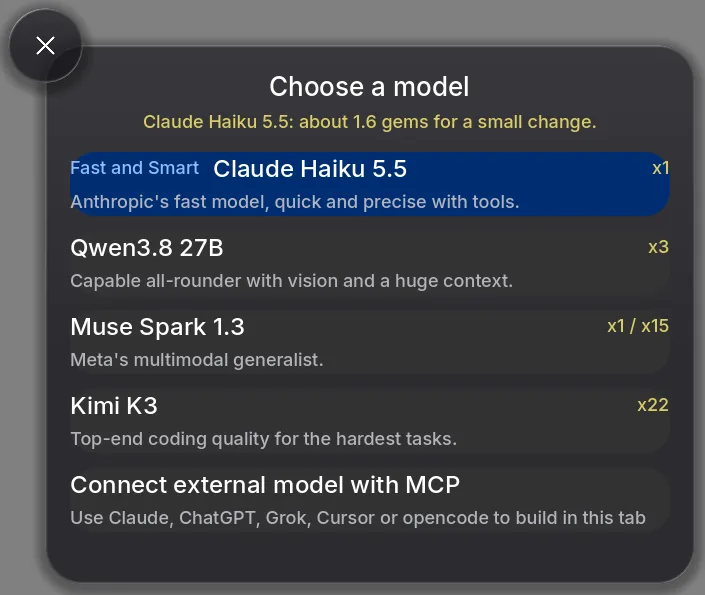 The Choose a model list in Shiny Gen: several built-in models with their gem multipliers, and a last row reading Connect external model with MCP, Use Claude, ChatGPT, Grok, Cursor or opencode to build in this tab.