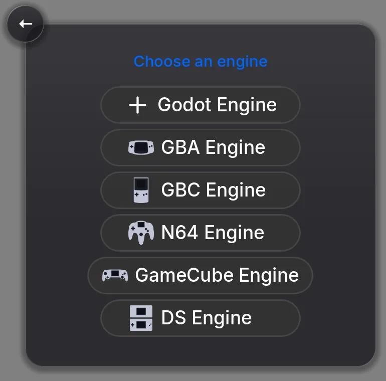The Choose an engine screen in Shiny Gen, listing Godot Engine, GBA Engine, GBC Engine, N64 Engine, GameCube Engine and DS Engine.