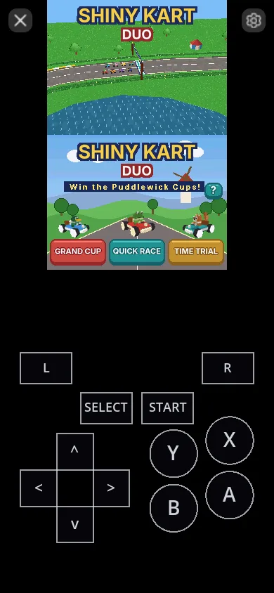 Shiny Kart Duo, a DS kart racer from the catalogue, playing at phone size: the two DS screens stacked at the top (the track, and a menu with Grand Cup, Quick Race and Time Trial), and below them on-screen L, R, Select, Start, a D-pad and X, Y, A and B buttons.