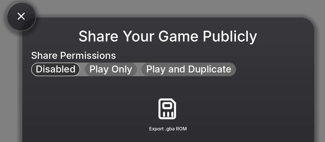 The Share Your Game Publicly popup in Shiny Gen for a GBA game: Share Permissions (Disabled, Play Only, Play and Duplicate) and the Export .gba ROM button, which needs any one purchase.